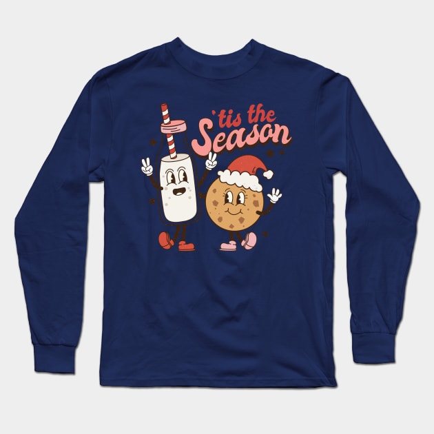 Retro Christmas Tis the Season Milk and Cookies Long Sleeve T-Shirt by Nova Studio Designs